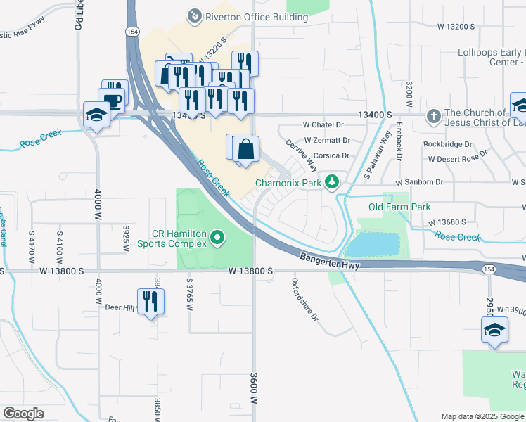 map of restaurants, bars, coffee shops, grocery stores, and more near 13683 South Hamilton View Road in Riverton