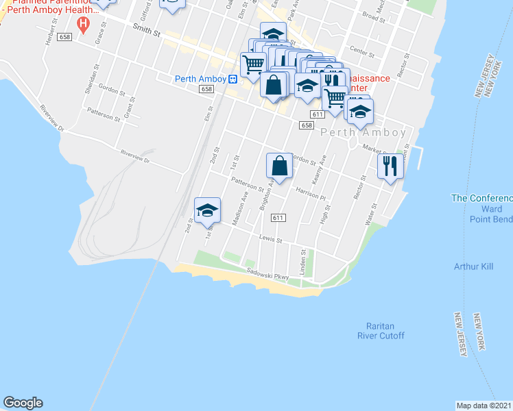map of restaurants, bars, coffee shops, grocery stores, and more near 111 Brighton Avenue in Perth Amboy