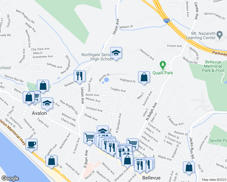 map of restaurants, bars, coffee shops, grocery stores, and more near 624 North Avenue in Bellevue