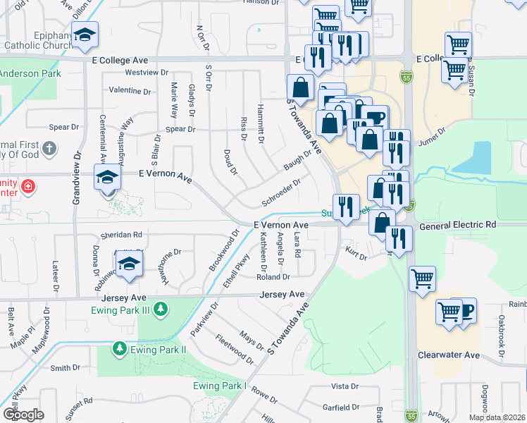 map of restaurants, bars, coffee shops, grocery stores, and more near 1303 Schroeder Drive in Normal