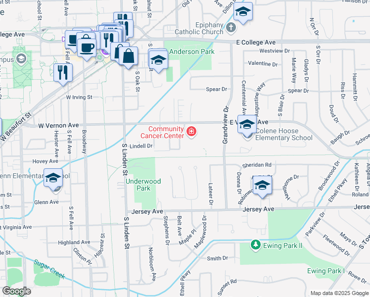 map of restaurants, bars, coffee shops, grocery stores, and more near 608 Hillview Drive in Normal