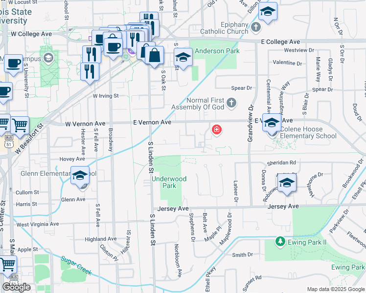 map of restaurants, bars, coffee shops, grocery stores, and more near 215 Lindell Drive in Normal