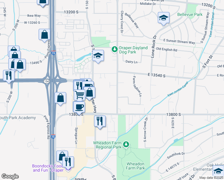 map of restaurants, bars, coffee shops, grocery stores, and more near 13666 South 300 East in Draper