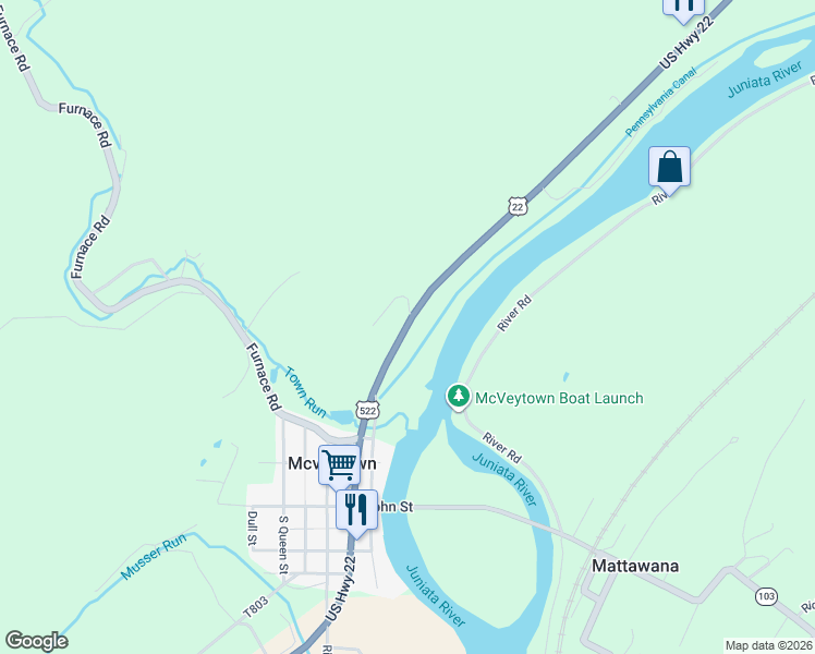 map of restaurants, bars, coffee shops, grocery stores, and more near 5830 U.S. 22 in McVeytown
