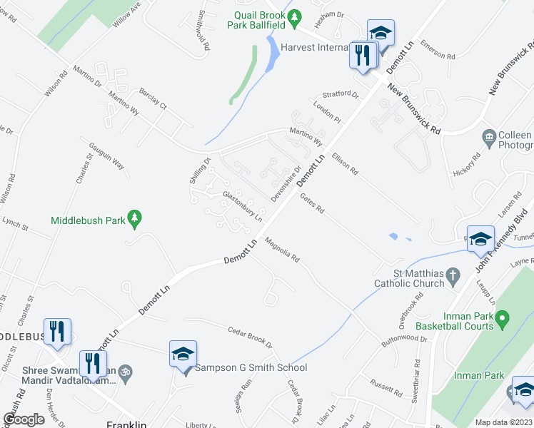 map of restaurants, bars, coffee shops, grocery stores, and more near 234 Glastonbury Lane in Franklin Township
