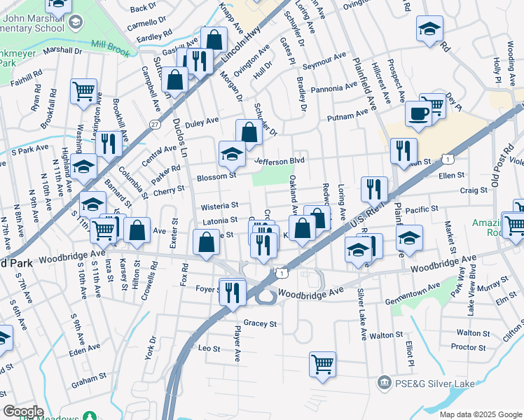 map of restaurants, bars, coffee shops, grocery stores, and more near 53 Garden Street in Edison