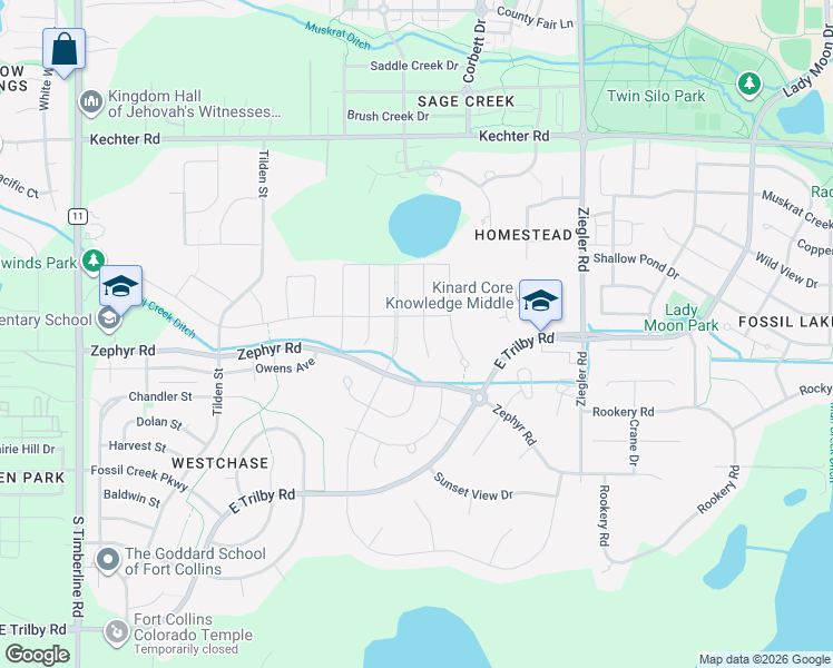 map of restaurants, bars, coffee shops, grocery stores, and more near 6026 Fall Harvest Way in Fort Collins