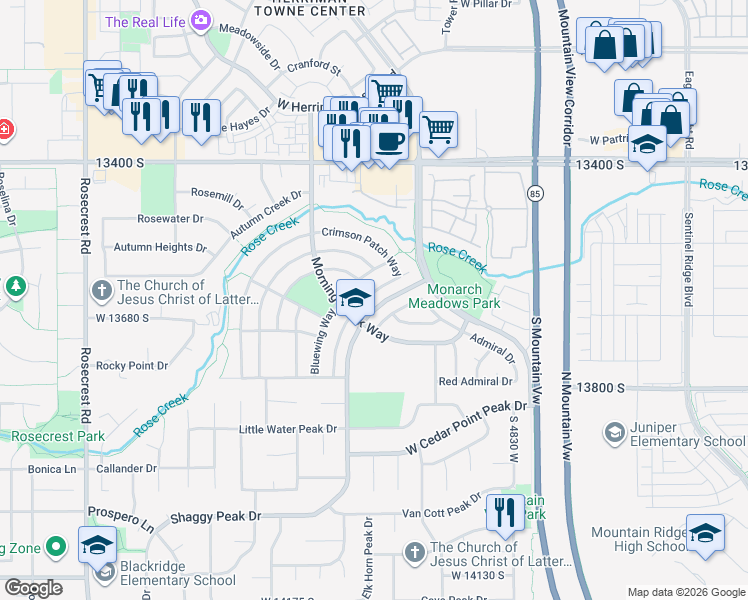 map of restaurants, bars, coffee shops, grocery stores, and more near 13683 Daggerwing Way in Riverton