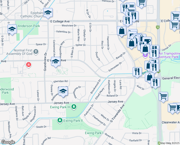 map of restaurants, bars, coffee shops, grocery stores, and more near 1331 East Vernon Avenue in Normal