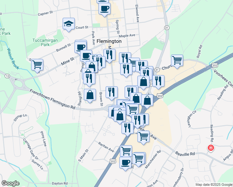 map of restaurants, bars, coffee shops, grocery stores, and more near 194 Main Street in Flemington