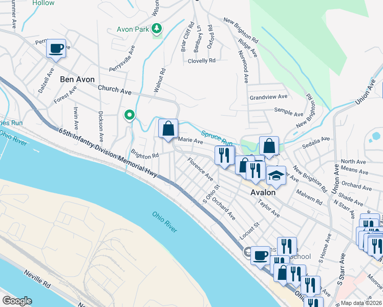 map of restaurants, bars, coffee shops, grocery stores, and more near 196 California Avenue in Pittsburgh
