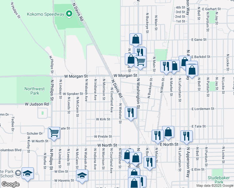 map of restaurants, bars, coffee shops, grocery stores, and more near 1825 North Webster Street in Kokomo