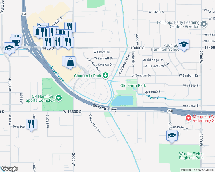 map of restaurants, bars, coffee shops, grocery stores, and more near 13656 Mount Cortina Way in Riverton