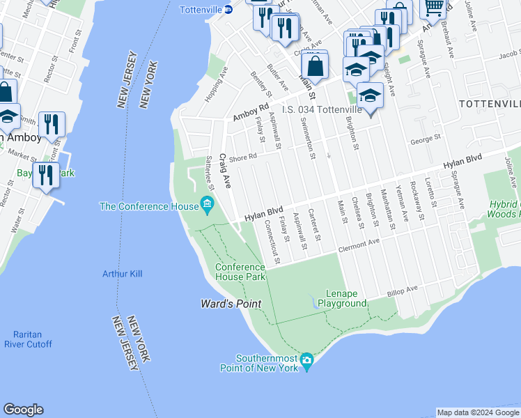 map of restaurants, bars, coffee shops, grocery stores, and more near 160 Connecticut Street in Staten Island