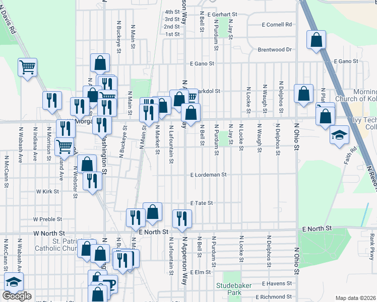map of restaurants, bars, coffee shops, grocery stores, and more near 1826 North Apperson Way in Kokomo