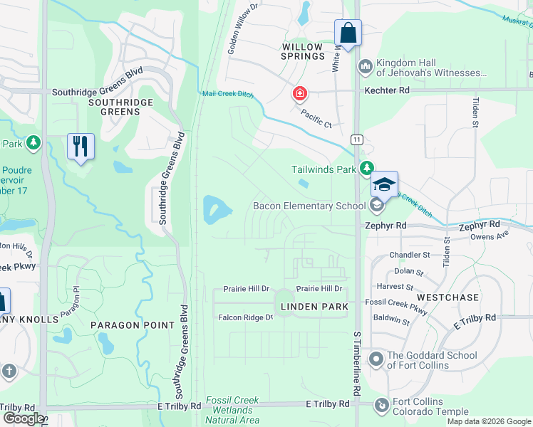 map of restaurants, bars, coffee shops, grocery stores, and more near 6015 N County Road 11 Rd in Fort Collins