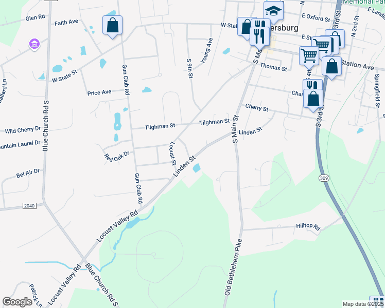 map of restaurants, bars, coffee shops, grocery stores, and more near 654 Maplewood Road in Coopersburg