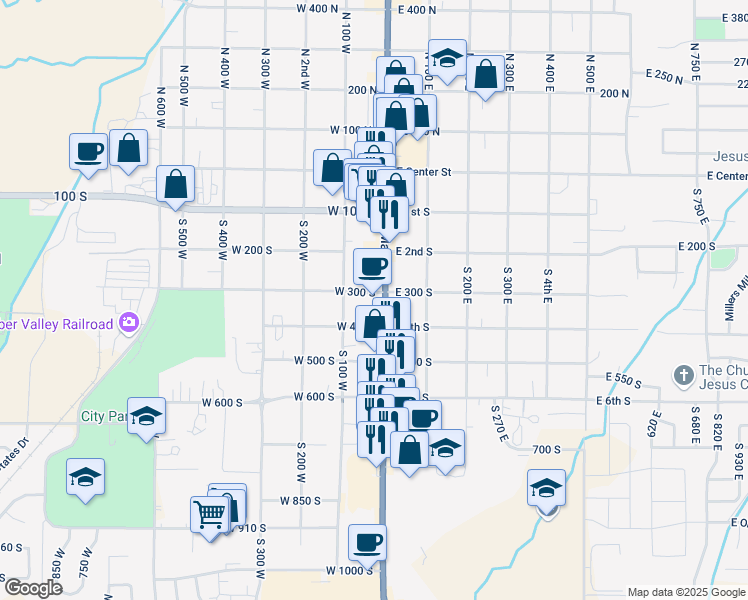 map of restaurants, bars, coffee shops, grocery stores, and more near 312 South Main Street in Heber City