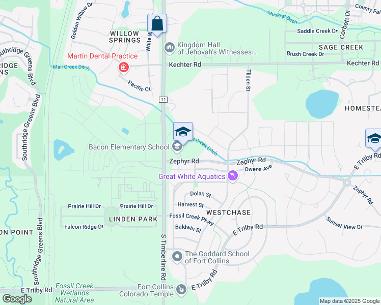 map of restaurants, bars, coffee shops, grocery stores, and more near 5844 South Timberline Road in Fort Collins