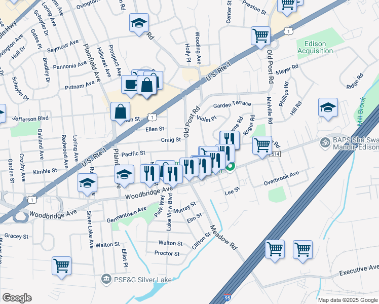 map of restaurants, bars, coffee shops, grocery stores, and more near 55 Old Post Road in Edison