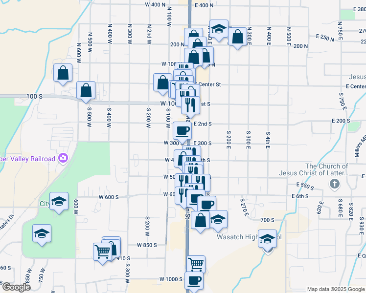 map of restaurants, bars, coffee shops, grocery stores, and more near 312 South Main Street in Heber City