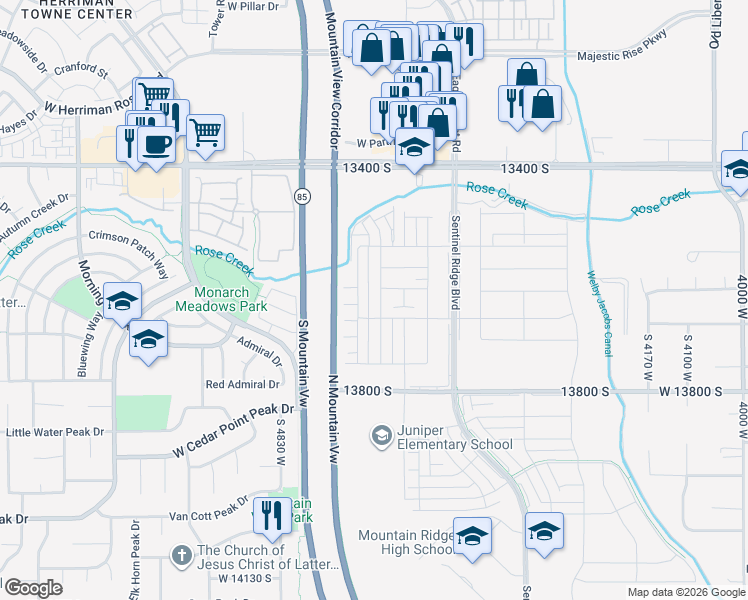 map of restaurants, bars, coffee shops, grocery stores, and more near 4701 West 13400 South in Riverton