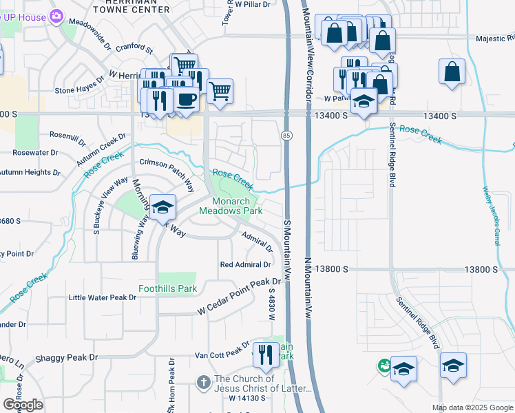 map of restaurants, bars, coffee shops, grocery stores, and more near 4852 Anise Street in Riverton