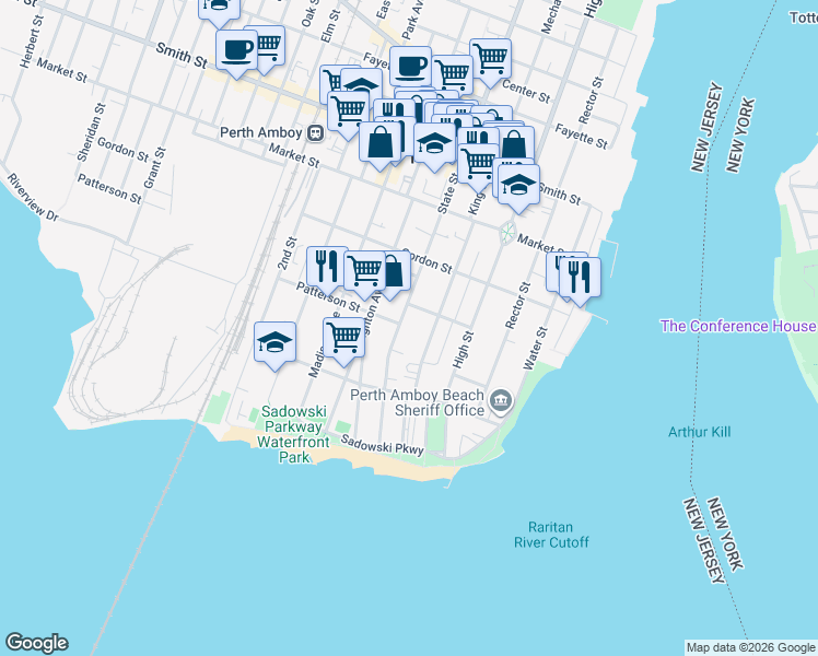 map of restaurants, bars, coffee shops, grocery stores, and more near 133 Kearny Avenue in Perth Amboy