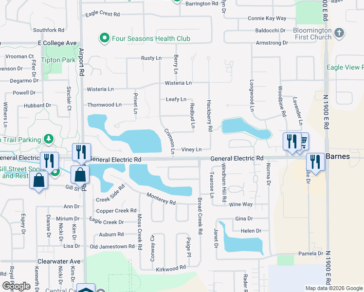 map of restaurants, bars, coffee shops, grocery stores, and more near 3203 Viney Lane in Bloomington
