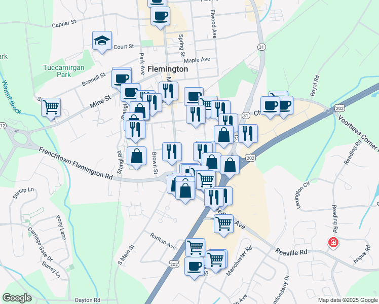 map of restaurants, bars, coffee shops, grocery stores, and more near 194 Main Street in Flemington