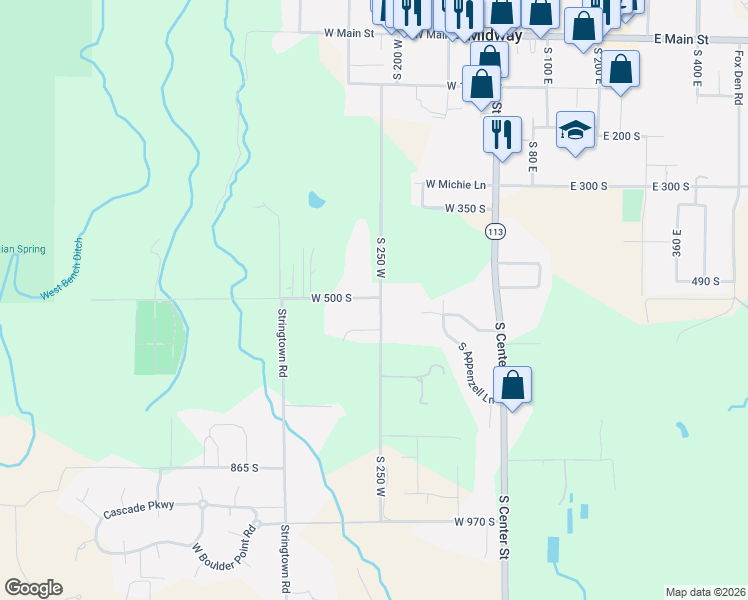 map of restaurants, bars, coffee shops, grocery stores, and more near 261 West 500 South in Midway