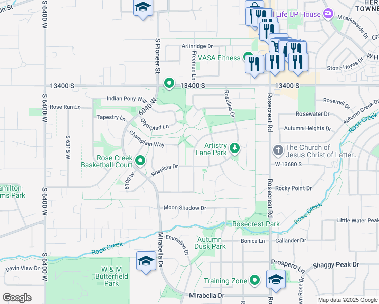 map of restaurants, bars, coffee shops, grocery stores, and more near 13634 Premier Lane in Herriman