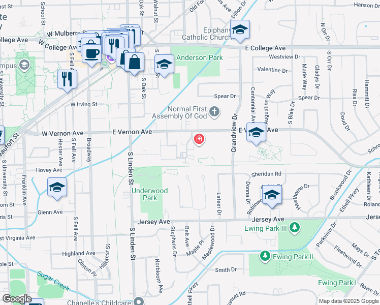 map of restaurants, bars, coffee shops, grocery stores, and more near 604 Hillview Drive in Normal