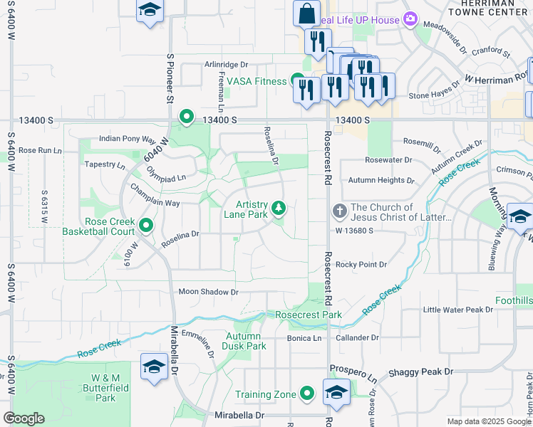 map of restaurants, bars, coffee shops, grocery stores, and more near 5715 Roselina Drive in Herriman