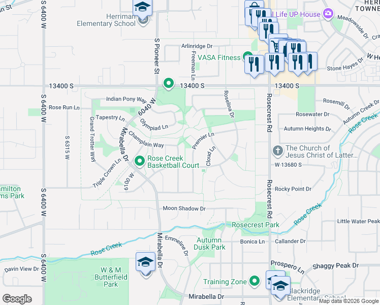 map of restaurants, bars, coffee shops, grocery stores, and more near 13667 Premier Lane in Herriman