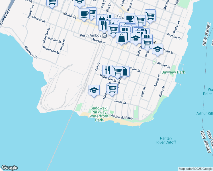 map of restaurants, bars, coffee shops, grocery stores, and more near 100 1st Street in Perth Amboy