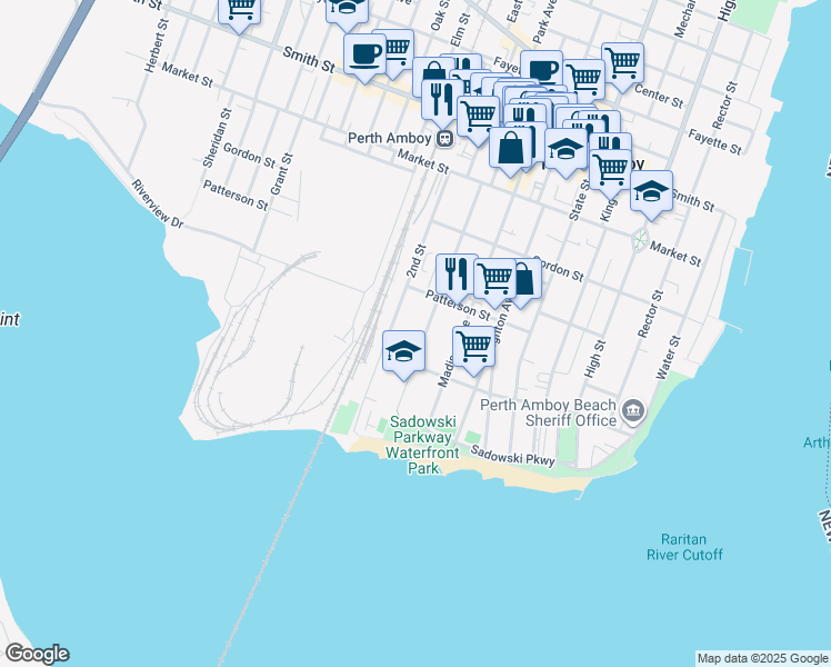 map of restaurants, bars, coffee shops, grocery stores, and more near 100 1st Street in Perth Amboy