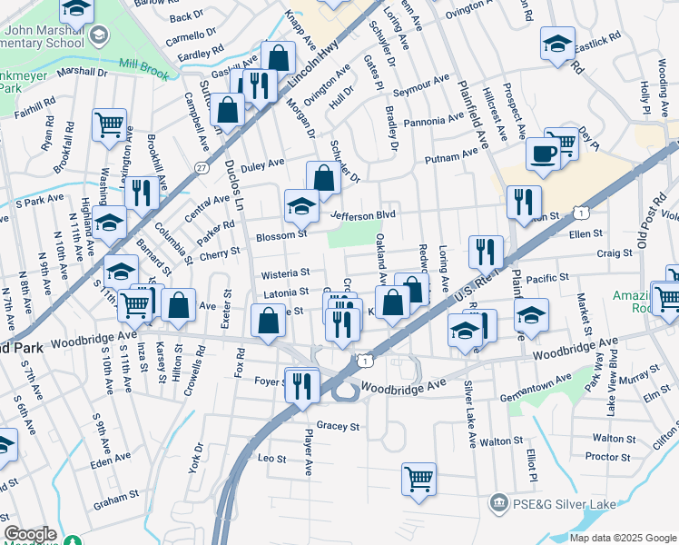map of restaurants, bars, coffee shops, grocery stores, and more near 53 Garden Street in Edison