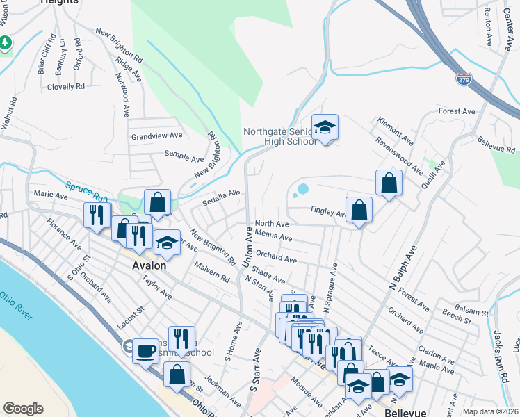 map of restaurants, bars, coffee shops, grocery stores, and more near 301 Union Avenue in Pittsburgh