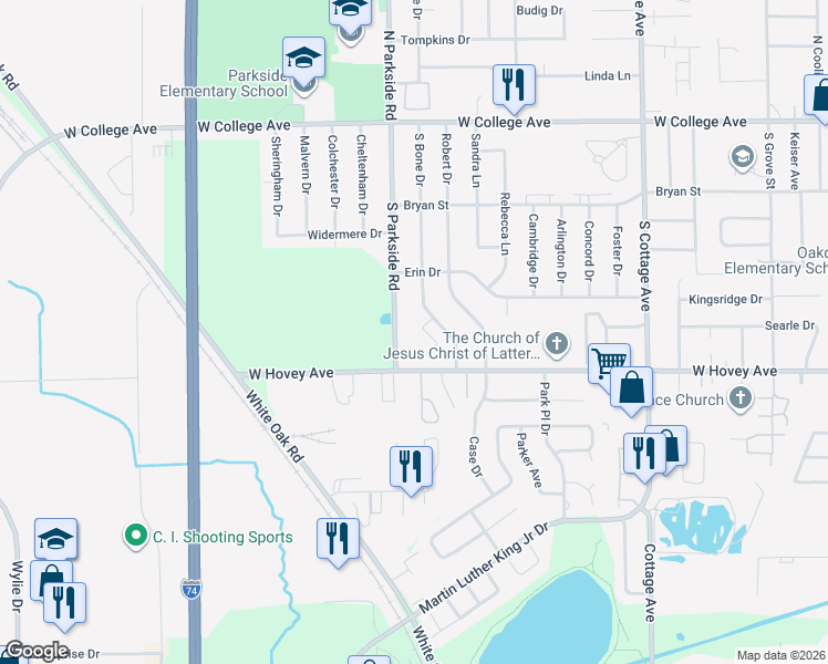 map of restaurants, bars, coffee shops, grocery stores, and more near 314 South Parkside Road in Normal