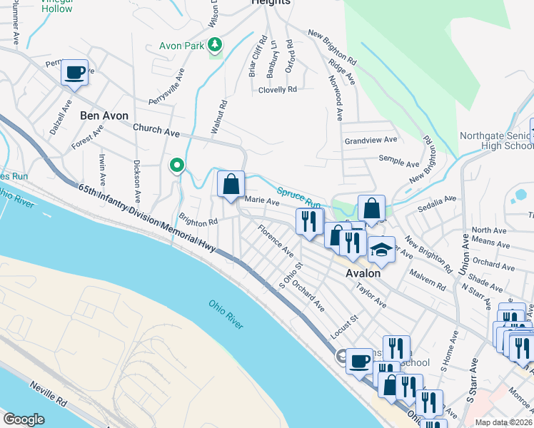 map of restaurants, bars, coffee shops, grocery stores, and more near 201 California Avenue in Pittsburgh
