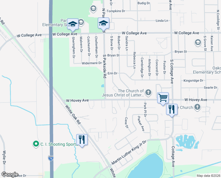 map of restaurants, bars, coffee shops, grocery stores, and more near 314 South Parkside Road in Normal