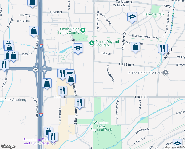 map of restaurants, bars, coffee shops, grocery stores, and more near 296 Ireland Lane in Draper