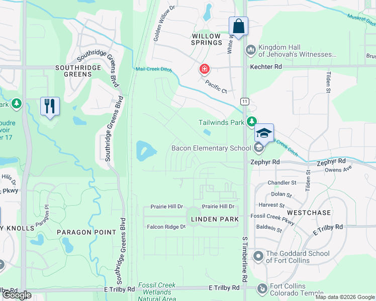 map of restaurants, bars, coffee shops, grocery stores, and more near 6015 South Timberline Road in Fort Collins