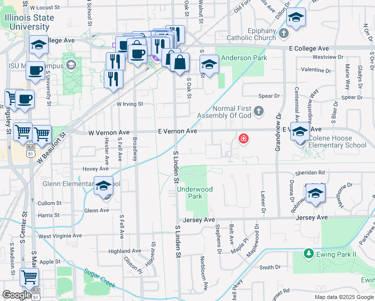 map of restaurants, bars, coffee shops, grocery stores, and more near 203 Lindell Drive in Normal