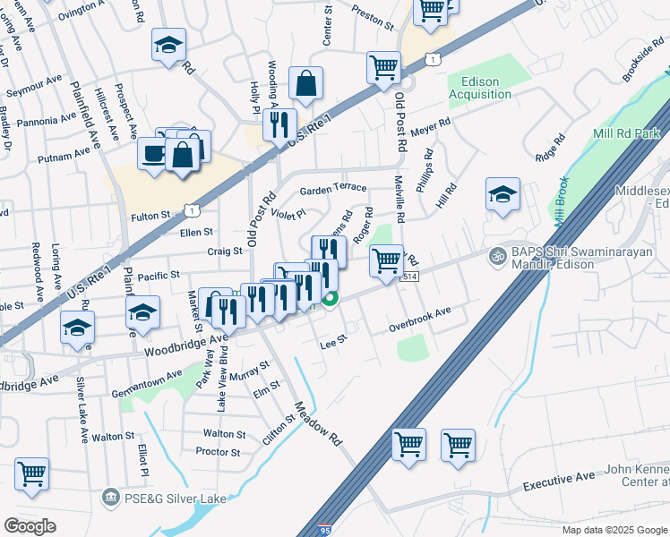 map of restaurants, bars, coffee shops, grocery stores, and more near 2303 Woodbridge Avenue in Edison
