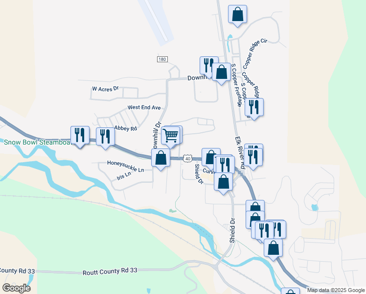 map of restaurants, bars, coffee shops, grocery stores, and more near 2128 County Shop Road in Steamboat Springs
