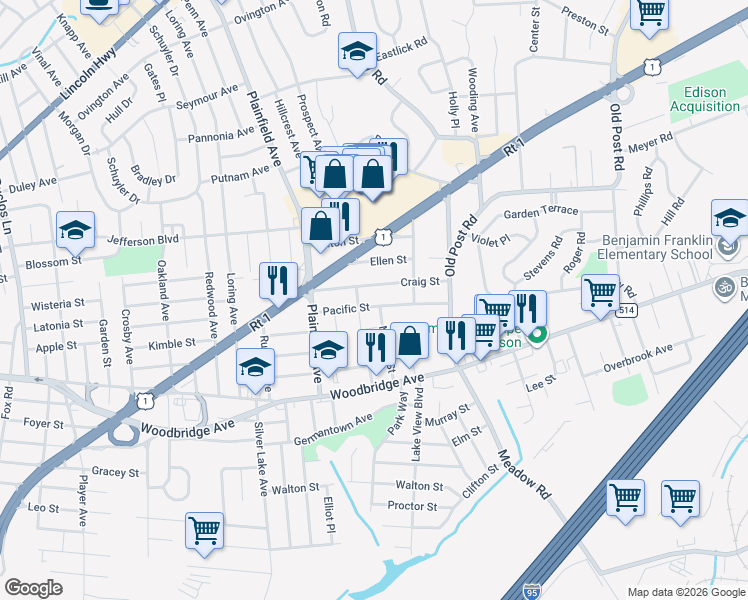 map of restaurants, bars, coffee shops, grocery stores, and more near 57 Market Street in Edison