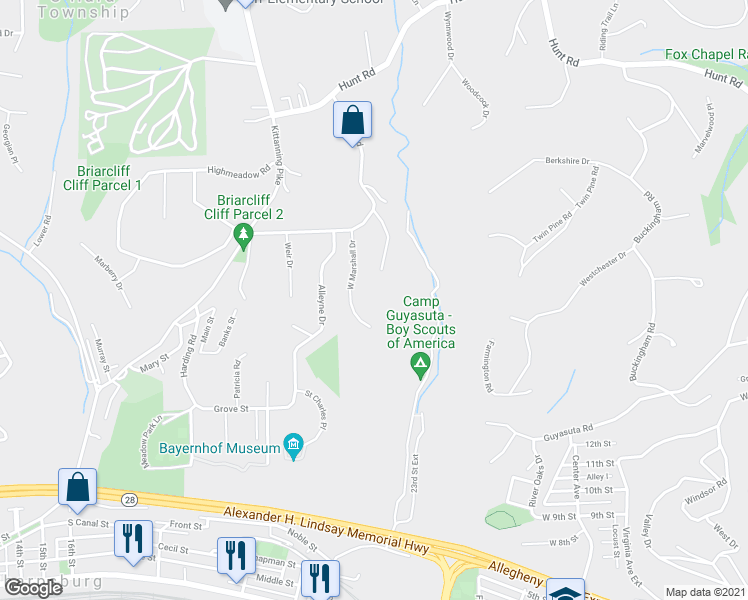 map of restaurants, bars, coffee shops, grocery stores, and more near 117 Marshall Drive in Pittsburgh