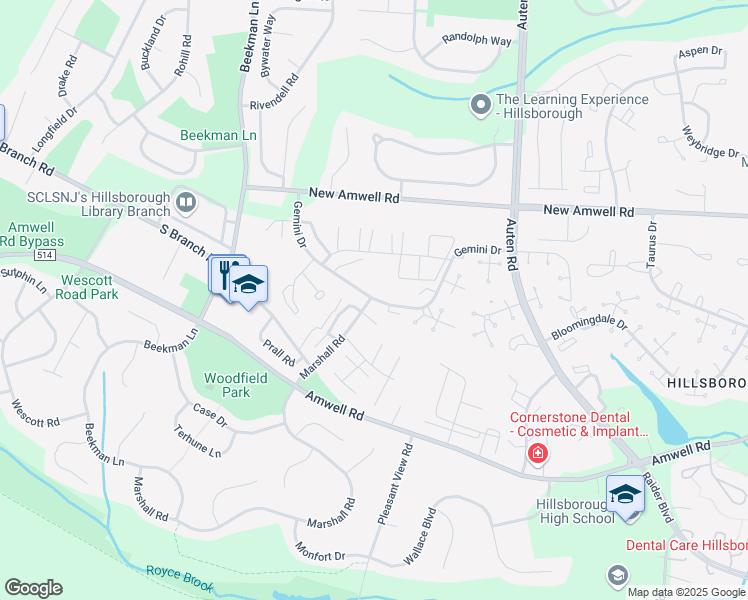 map of restaurants, bars, coffee shops, grocery stores, and more near 341 Gemini Drive in Hillsborough Township